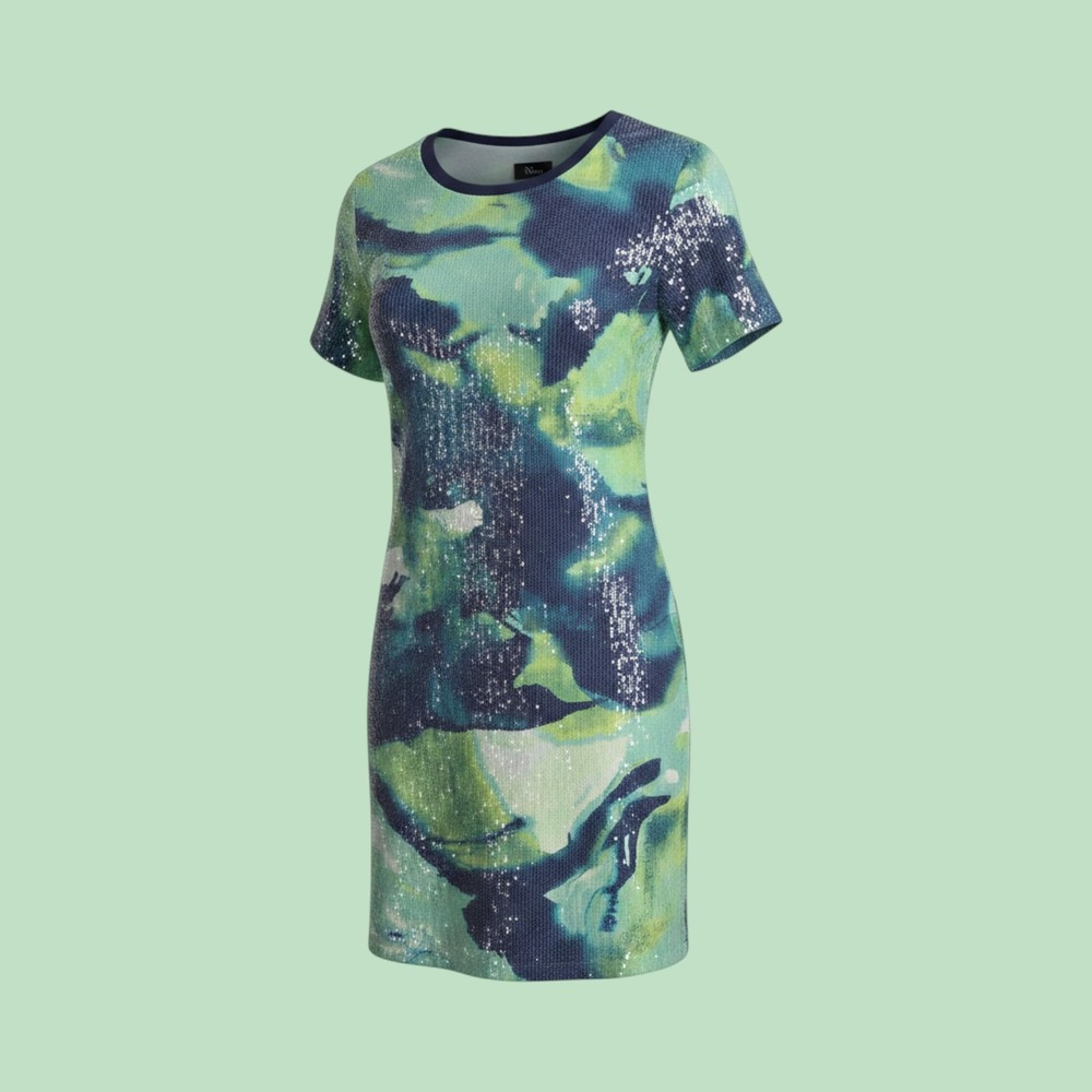 Nina Parker x Macys Neon Marble Sequin T-Shirt Dress Blue Green 1X 822-CSB053W